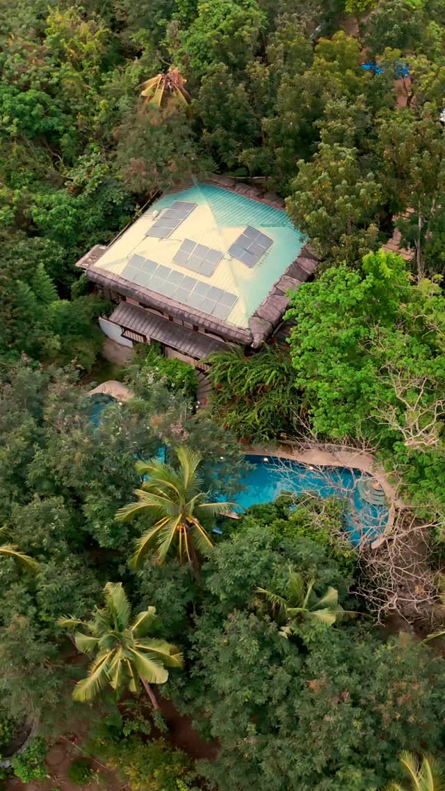Aerial view of The Red Hen Homestead — solar-panelled roof and two natural pools nestled within a dense tropical forest