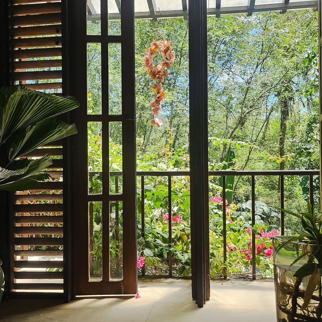 Open wooden door with louver panels looking out to the bougainvillea-filled garden — a heritage room at The Red Hen Homestead